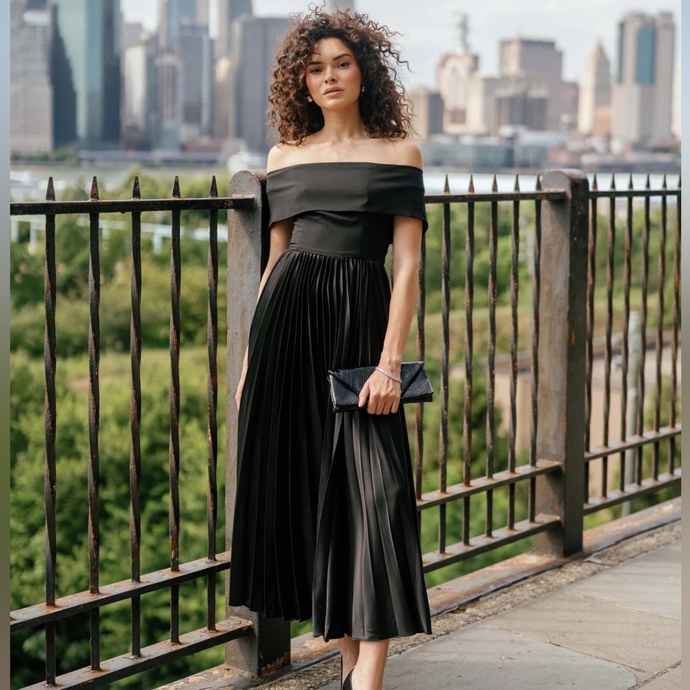 Hutch Black Off-Shoulder Pleated Midi Dress with A-Line Skirt